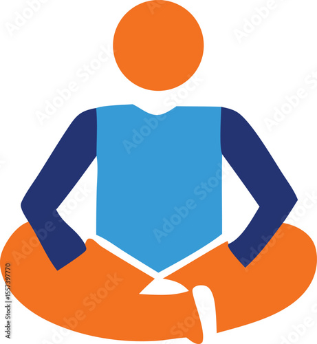 Stylized human figure in a meditative lotus pose with orange head and legs and a blue torso and arms