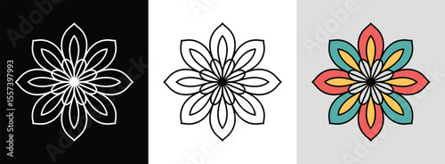 Minimal floral mandala with straight petals and geometric accents for elegant decor.