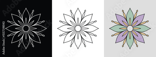 Minimalist lotus mandala with crisp contours and geometric petals for serene decor.