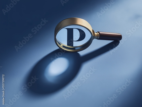 Magnifying glass lens bringing letter P into focus, central to research and investigation, highlighting important detail for analysis, guiding search to look closer and ultimately find truth