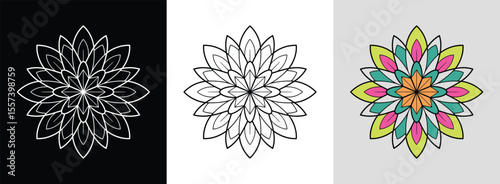 Ornamental mandala with star shapes and dynamic bright segments for bold decorative art.