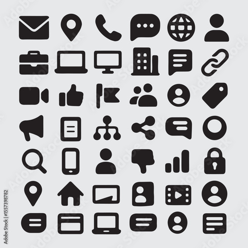 Glyph Style Universal Communication and Business Icon Pack: Essential Symbols for Websites, Apps, and Office Presentations