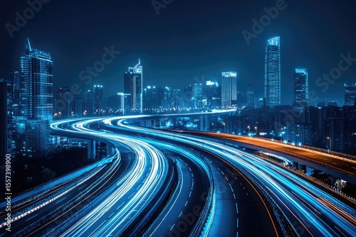 Night city highway with light trails