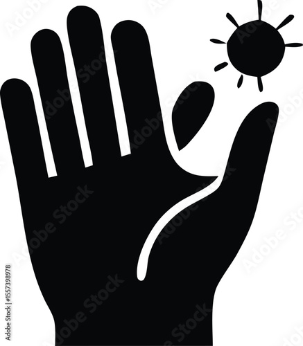 Black silhouette of an open palm reaching towards a stylized sun or virus symbol representing protection or exposure