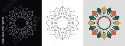 Radiant arrowhead mandala with hexagons and interlocking triangles for vibrant decor.