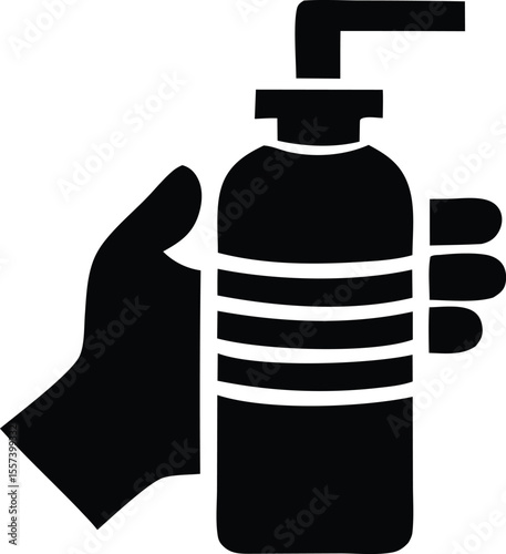A black silhouette of a hand holding a pump bottle with multiple horizontal white stripes and a dispensing spout