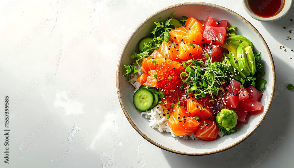 Photorealistic top-down view of Poke Bowl on a minimalist plate. Photorealistic top-down view of Poke Bowl on a minimalist plate.