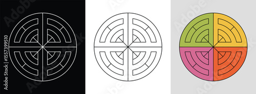 Simple maze mandala with pathways and bright cheerful color accents for dynamic decor.