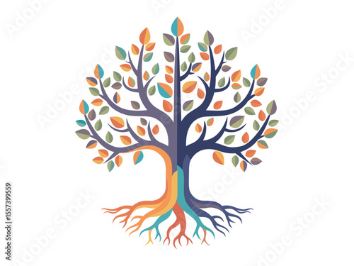 Tree of life logo concept or Tree and roots with leaves colorful look beautiful and refreshing. Tree and roots LOGO style.