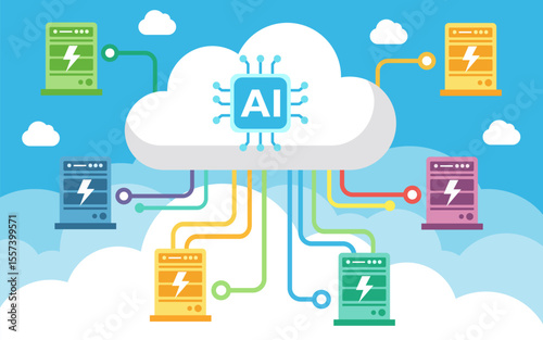 AI-powered cloud infrastructure with diverse servers connected for optimized data processing and resource management.