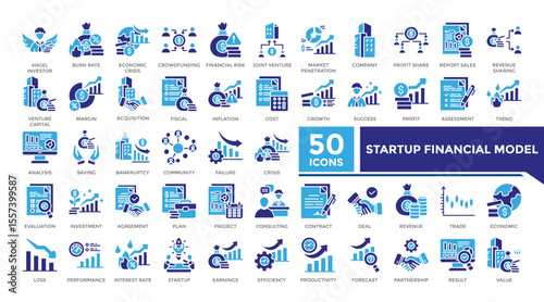 Startup financial model icon solid two color set collection. This set includes angel investor, market penetration, profit share, acquisition and more icons. Vector icons collection for infographics