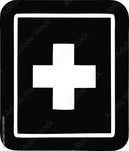 A simple bold black square with a white plus sign centered within its borders conveying a sense of medical or positive action