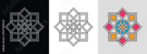 Symmetrical lattice mandala with diamonds and bright color contrasts for vibrant decor.