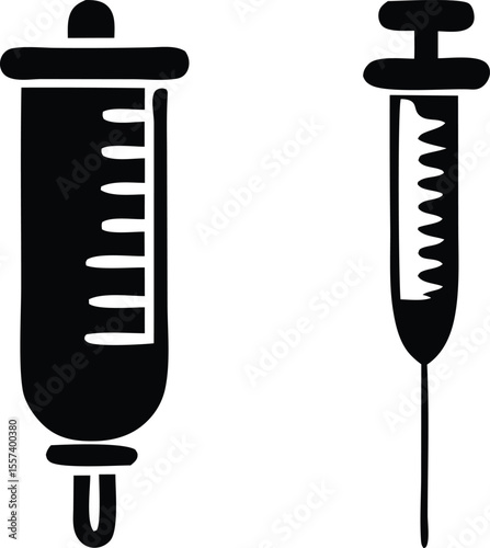 Two hand drawn black syringe icons side by side illustrating medical injection tools on a white background