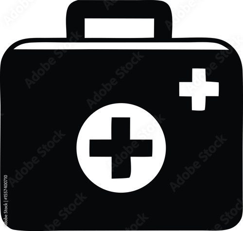 Simple black and white illustration of a medical kit with a prominent white cross inside a circle on its front