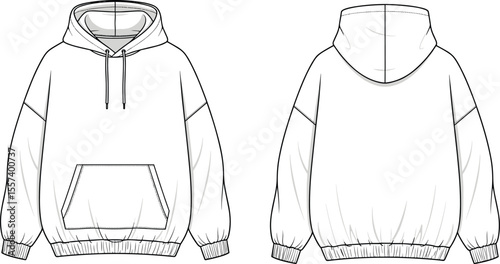 Front and Back View of Hoodie Design with Kangaroo Pocket, Blue Lines, and Detailed Sketch for Fashion Illustration