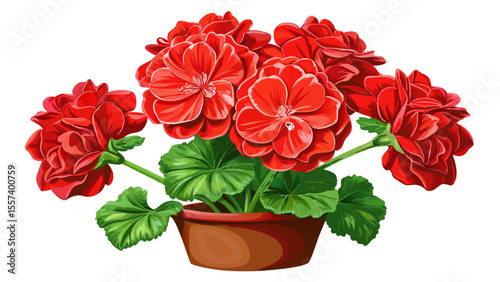 Bright red geraniums in full bloom, fuzzy green leaves and multiple layered petals, close-up capturing natural imperfections, lightly textured terracotta pot, simple composition on a white field.

