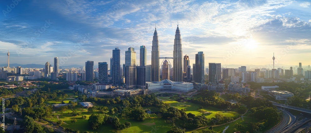 Fototapeta premium Panoramic view of a modern city skyline at sunrise, with parks and golf courses interspersed