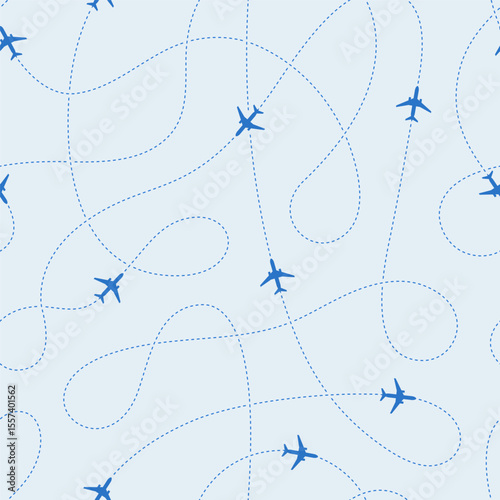 Seamless Pattern of Blue Airplane Silhouettes With Dashed Lines Representing Their Flight Paths, All Set Against a Light Blue Background