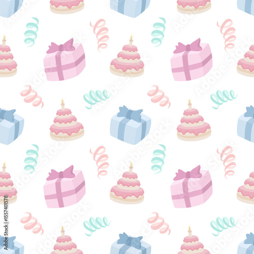 Seamless pattern with birthday cakes and gifts