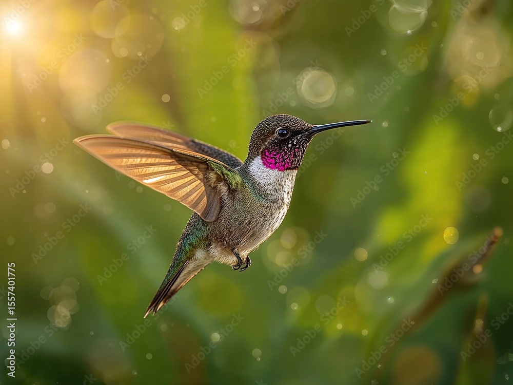 Fototapeta premium Backlit Hummingbird Hovering Over Bloom with Sunlit Dew and Fine Feather Texture