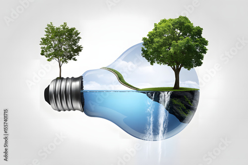 A floating island shaped like a light bulb, with waterfalls cascading from the glass and trees growing along the filament path, concept of ideas and nature photo