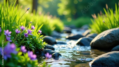 Serene Streamside Bloom A Tranquil Scene of Purple Flowers Beside a Gently Flowing Creek in a Lush Green Meadow
