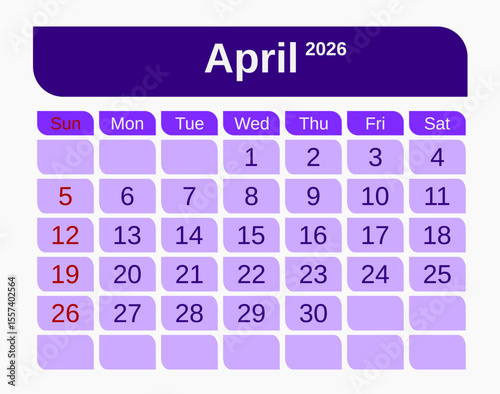 Letter calendar for April 2026. The week begins on Sunday. Time, planning, schedule concept, and includes notes. Flat design. Removable calendar for the month. Red and white color. Vector illustration