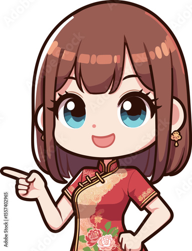 指差しのチャイナドレスの女性