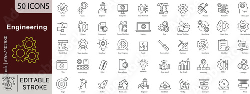 Engineering Line Icons Set - 50 Editable Vector Symbols for Technical Innovation Development Design Projects