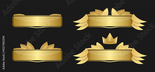 Golden banner set for game user interface isolated on background. Rank text decoration with gold crown and wings