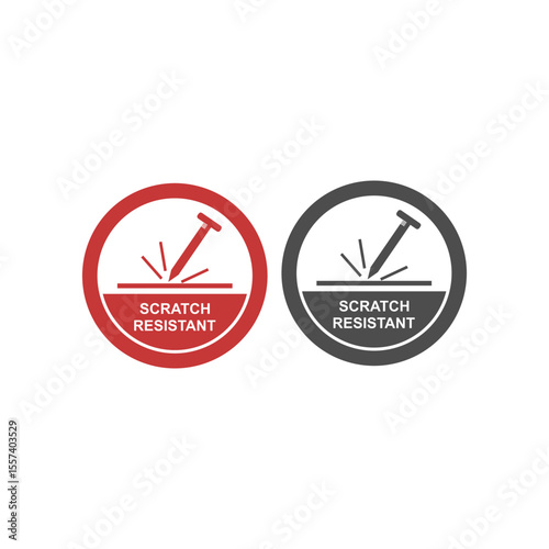 Scratch Resistant logo with a nail scratching a surface, ideal for durable product labeling.