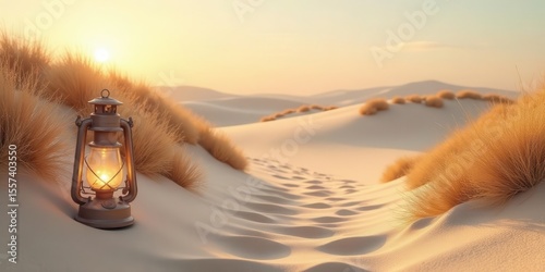 Fototapeta Naklejka Na Ścianę i Meble -  A lone lantern illuminates a path through serene desert dunes at sunset