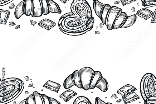 Seamless pastry-themed border, fresh sweet buns, croissants, chocolate wedges. All objects are hand-drawn in vector. The illustration is suitable for printing on fabric, paper, design confectionery.