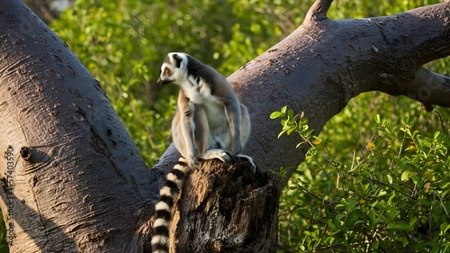 Ring-tailed lemur sitting on tree branch in Madagascar forest