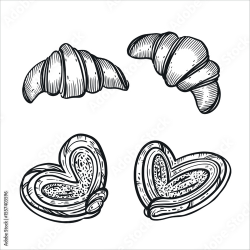 A set of vector illustrations. Buns, sweet buns, croissants, all objects are hand-drawn in vector ink. The illustration is suitable for the design of bakeries, confectioneries, and food packaging.