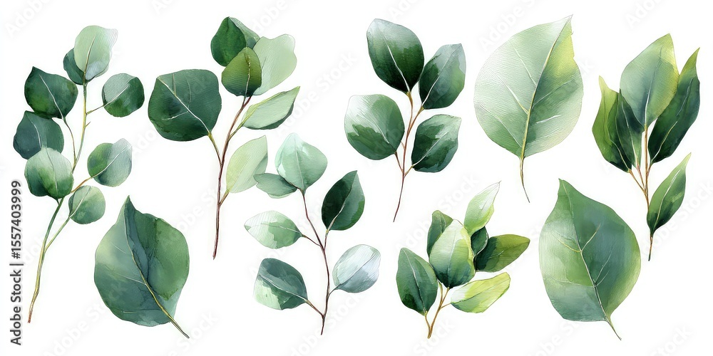 Obraz premium Watercolor botanical illustration, eucalyptus leaves isolated on white background
