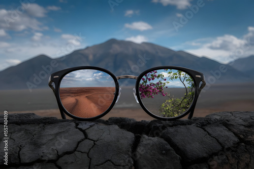 A pair of eyeglasses reflecting two different worlds � one side a desert, the other a blooming forest � with no face behind them, surreal contrast of perception