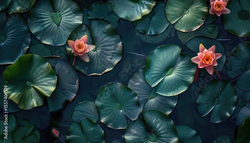 Pink lotus flowers resting on dark green water lily pads.