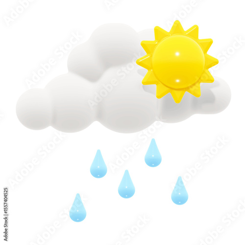 A playful 3D vector icon showing fluffy white clouds, a shiny yellow sun, and soft blue raindrops in a glossy cartoon style.
