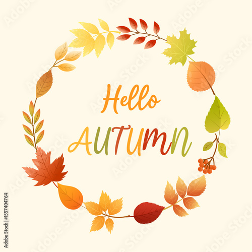Hello Autumn, foliage wreath. Autumn round frame with cartoon leaves. Fall season greeting card, vector illustration.