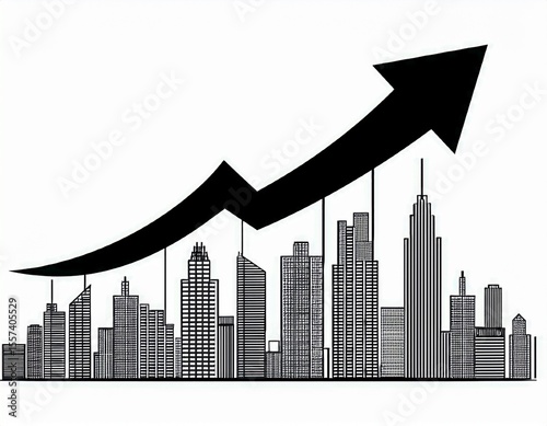 black and white drawing of a city skyline with a black arrow pointing upwards