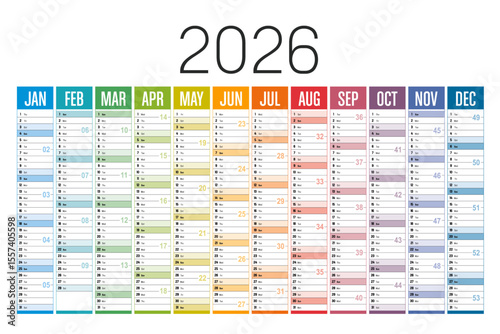 Year 2026 colorful wall calendar on white background, English language, vector template