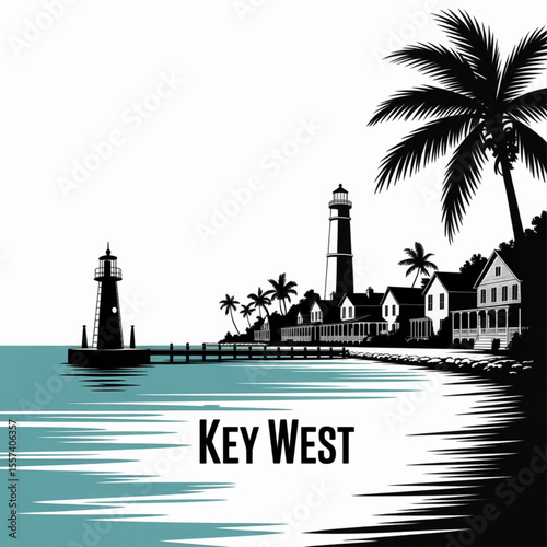 Key West Skyline Silhouette — Tropical Florida Island and Historic Coastal City Vector Illustration