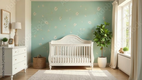 Serene Nursery Decor Featuring a Classic White Crib and Delicate Floral Wallpaper