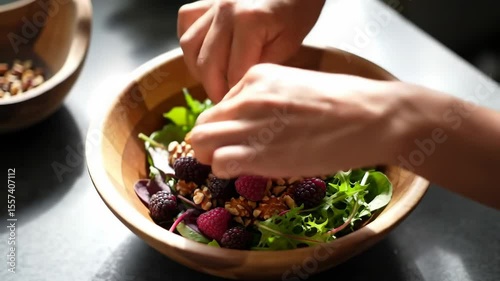 A wooden bowl filled with a fresh salad of mixed greens, raspberries, blackberries, and walnuts.  Hands are adding something to the salad