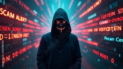 Glowing hacker in neon mask with scam alert digital code background

