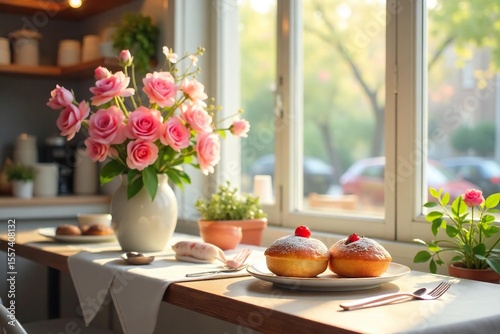 Wallpaper Mural Sunny Spring Cafe Blooming Flowers, Fresh Pastries, and Warm Sunlight Streaming Through Large Windows. Perfect for Spring Menu or Cafe Promotion. Torontodigital.ca