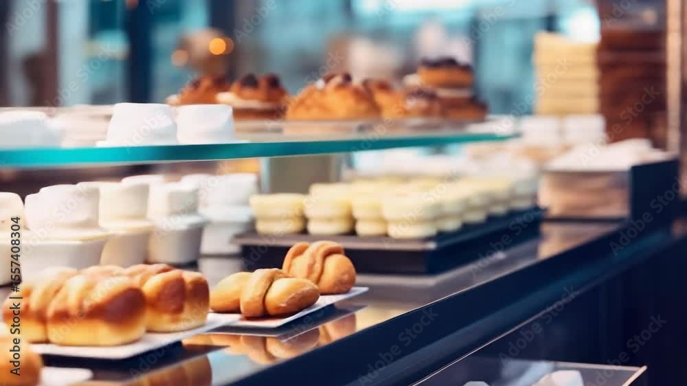 Supermarket bakery shelf with a range of delicious pastries