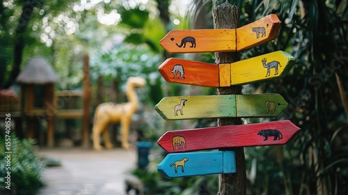 Colorful wooden directional signs with animal illustrations point in various directions in a lush, green zoo or wildlife park setting.